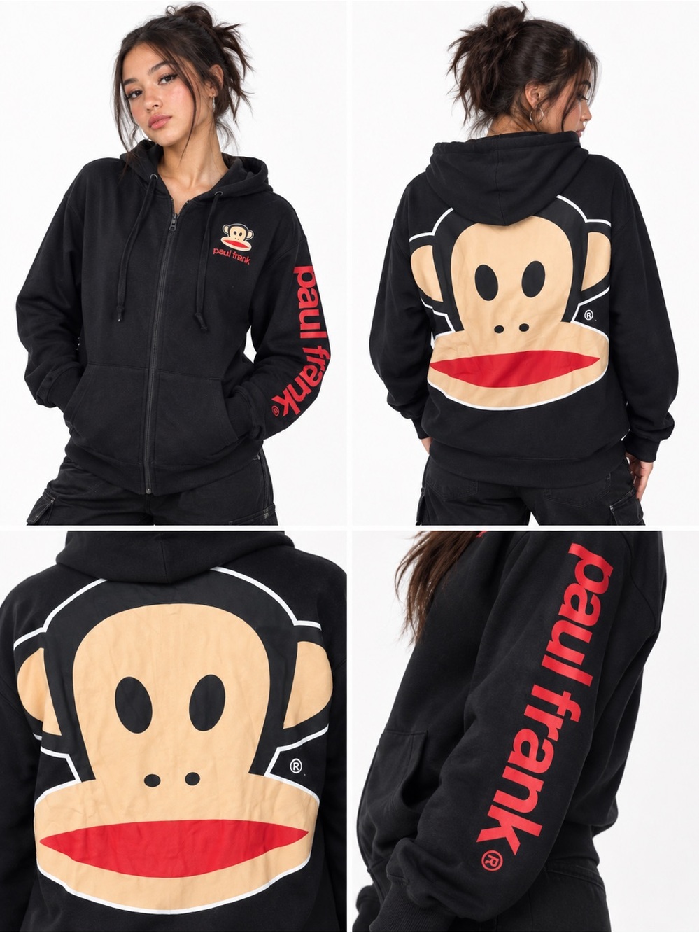 Paul Frank Black Zip Hoodie Large Julius Back Graphic Red Sleeve Logo NWT Small